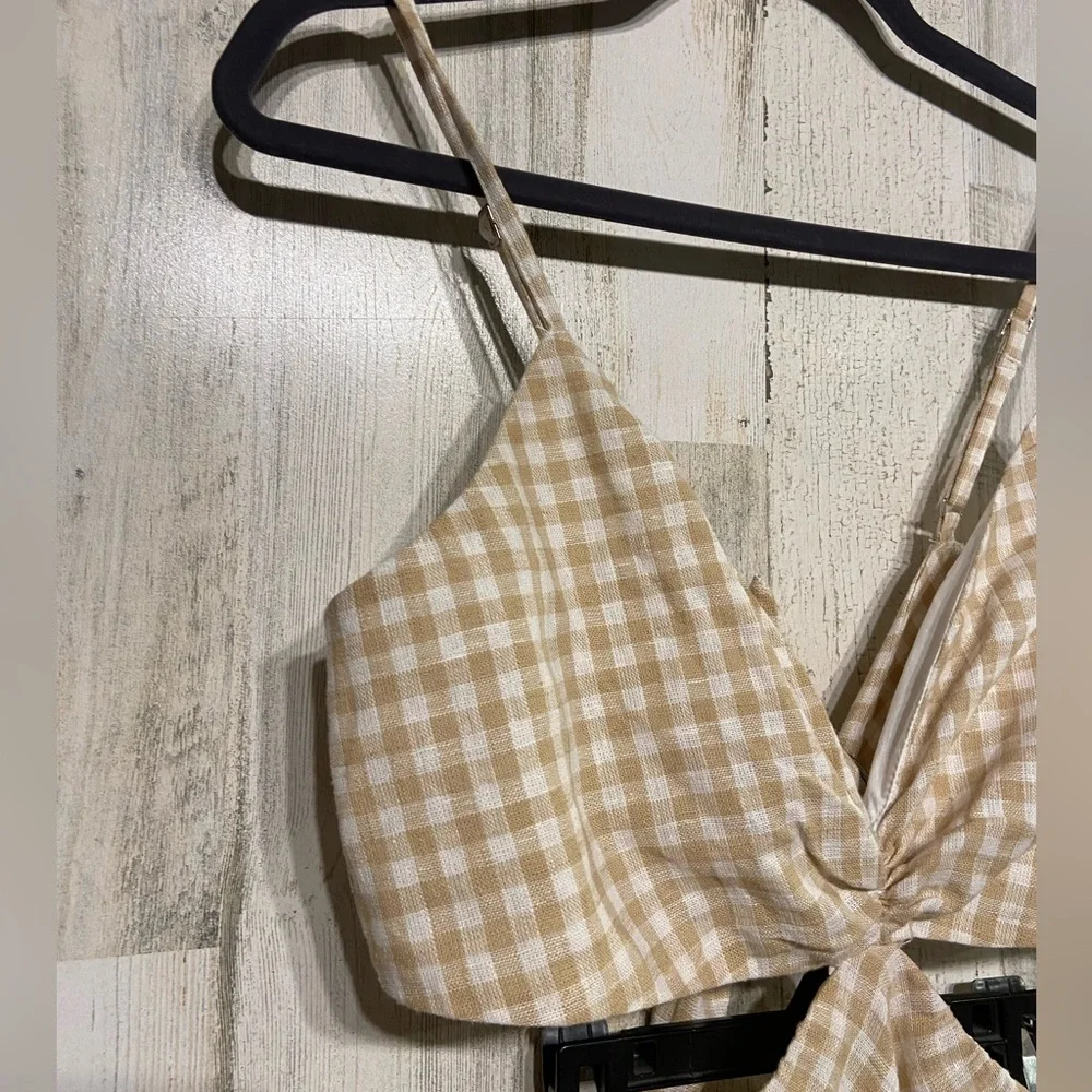 Abercrombie & Fitch Tan Gingham Linen Cotton Julia Slip Cutout Maxi Dress Medium